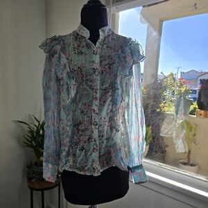 HEMANT & NANDITA Pastel Blue Floral Ruffle Front Blouse